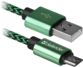 Дата-кабель DEFENDER USB08-03T  USB2.0 Зеленый, AM-MicroBM, 1m, 2.1A, до 480 Мбит/с  87804