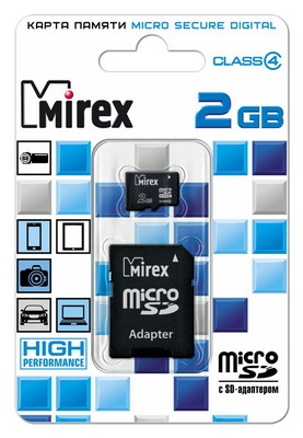 Карта памяти 02Gb Mirex Micro SD + (адаптер SD) Сlass 4