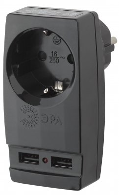 Тройник ЭРА SP-1e-USB-B  ЭРА Адаптер "Polynom" 1гн 220V + 2xUSB 2100mA, c заземл, (черный)