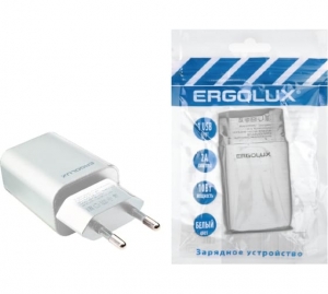 Сетевое ЗУ ERGOLUX ELX-РA01P-C01 1USB, 100-220В, 5-9V/2А, Белый, Пакет